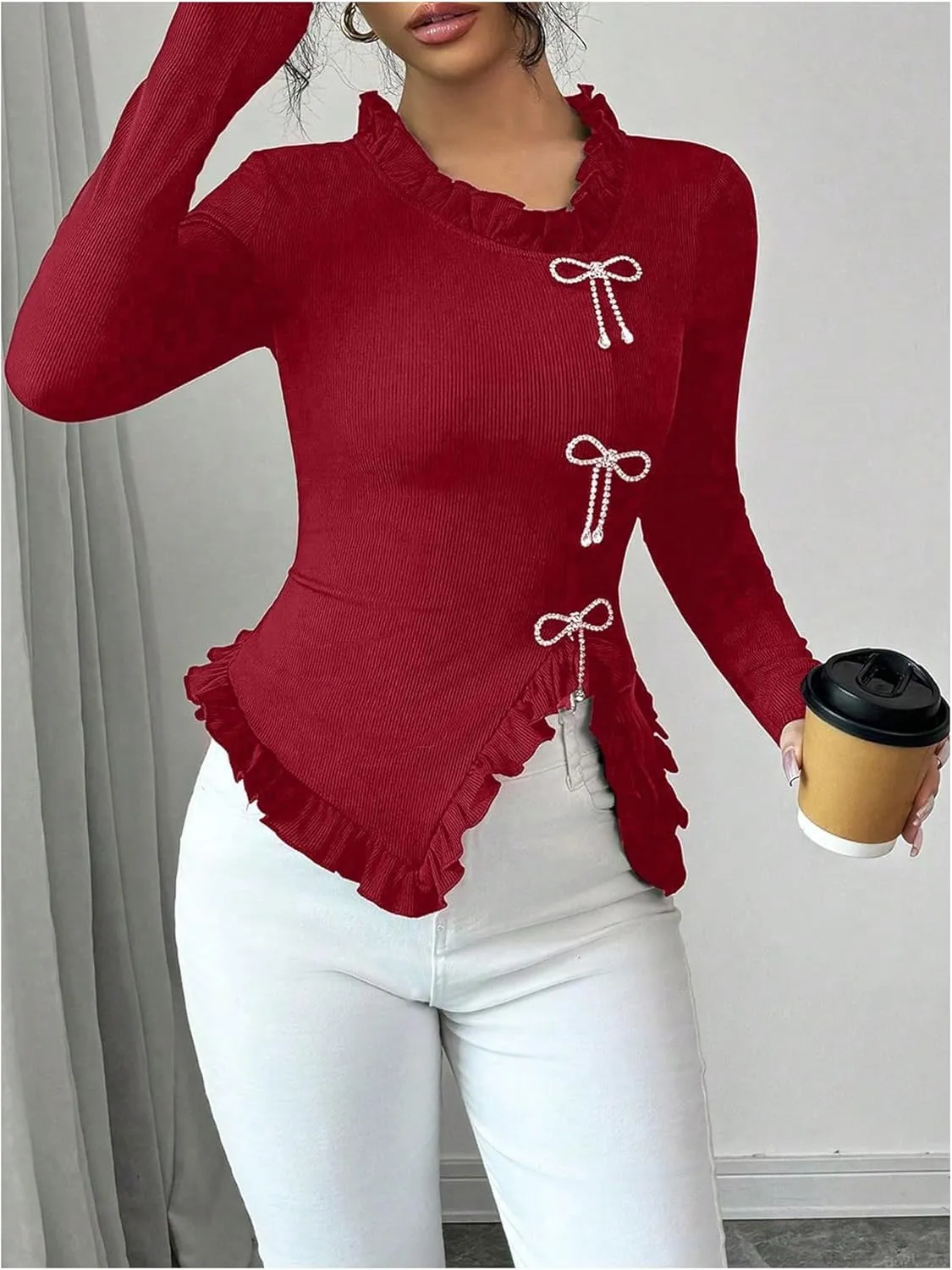 MakeMeChic Women's Rhinestone Bow Knot T Shirt Mock Neck Long Sleeve Ruffle Trim Tee Top