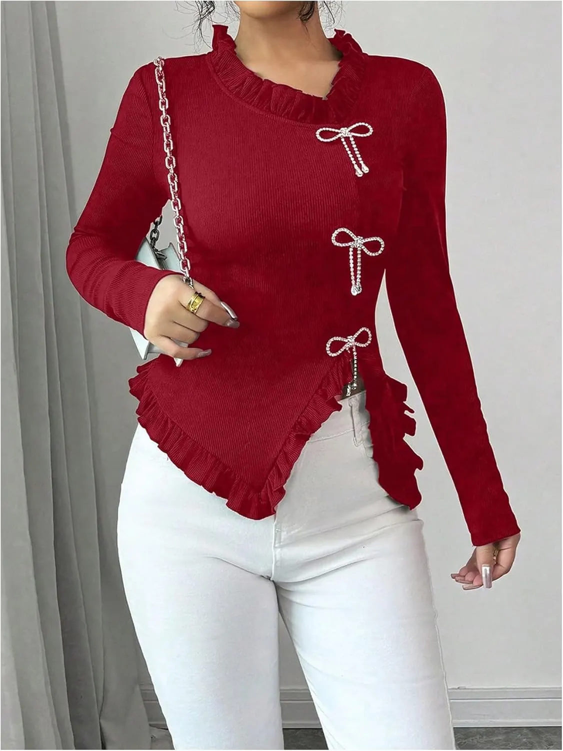 MakeMeChic Women's Rhinestone Bow Knot T Shirt Mock Neck Long Sleeve Ruffle Trim Tee Top