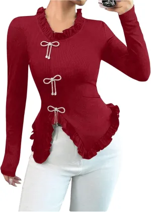 MakeMeChic Women's Rhinestone Bow Knot T Shirt Mock Neck Long Sleeve Ruffle Trim Tee Top
