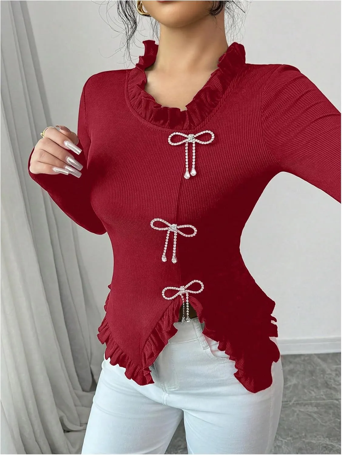 MakeMeChic Women's Rhinestone Bow Knot T Shirt Mock Neck Long Sleeve Ruffle Trim Tee Top