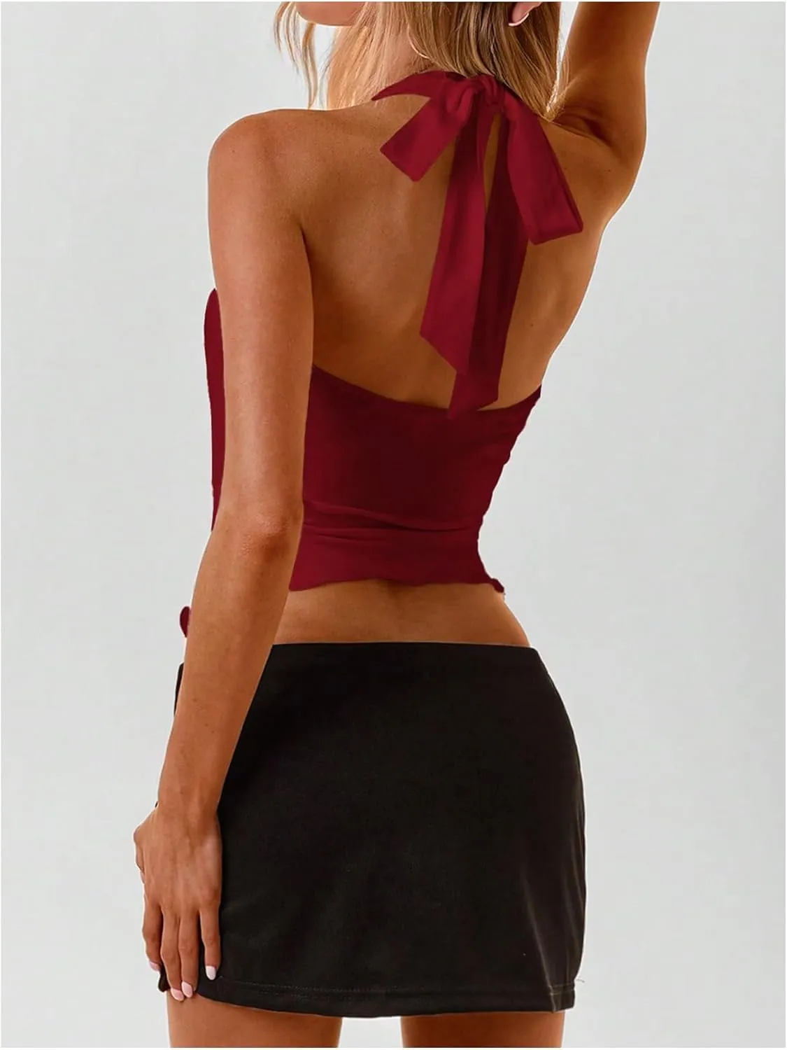MakeMeChic Women's Wrap Lettuce Trim Halter Top Sleeveless Tie Back Summer Shirts