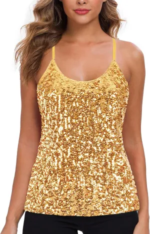MANER Women’s Sequin Tops Glitter Party Strappy Tank Top Sparkle Cami
