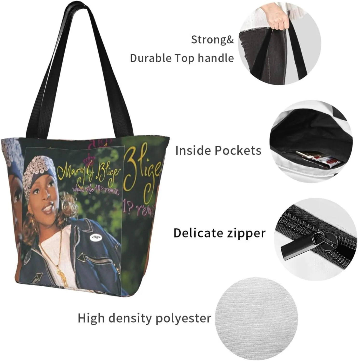 Mary J Musics Blige Shoulder Bag, Customized Shopping Tote Portable Canvas Bag