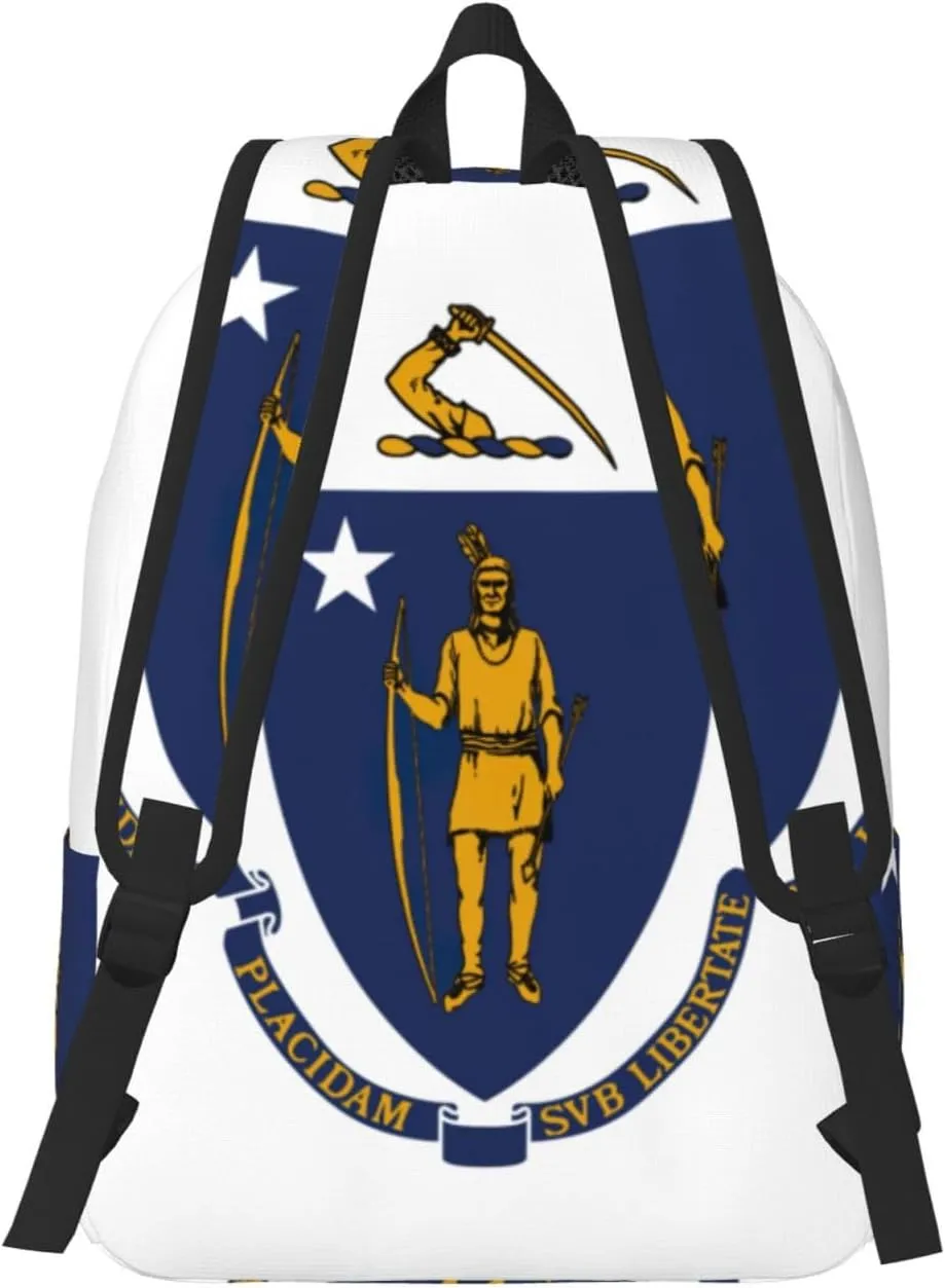 Massachusetts State Flag Print Laptop Backpack For Women Travel Canvas Bookbag For Men Outdoor Fashion Casual Daypack, Medium, SB-122