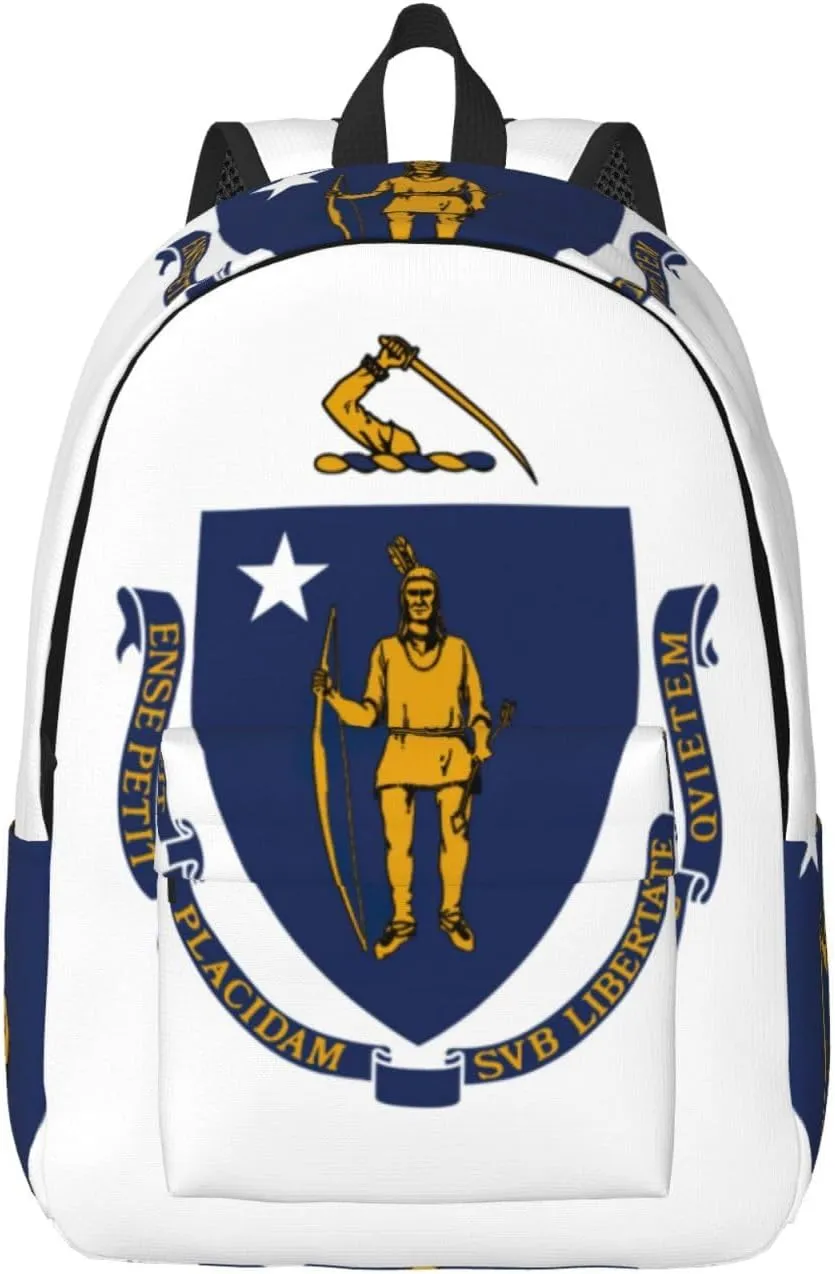 Massachusetts State Flag Print Laptop Backpack For Women Travel Canvas Bookbag For Men Outdoor Fashion Casual Daypack, Medium, SB-122