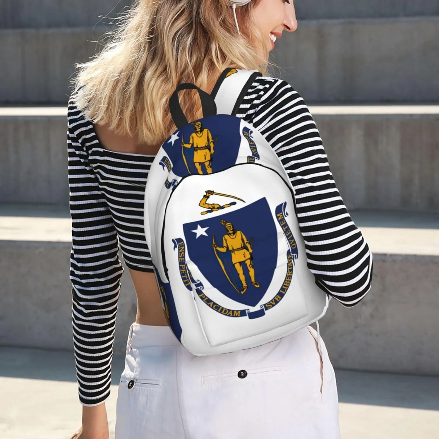 Massachusetts State Flag Print Laptop Backpack For Women Travel Canvas Bookbag For Men Outdoor Fashion Casual Daypack, Medium, SB-122
