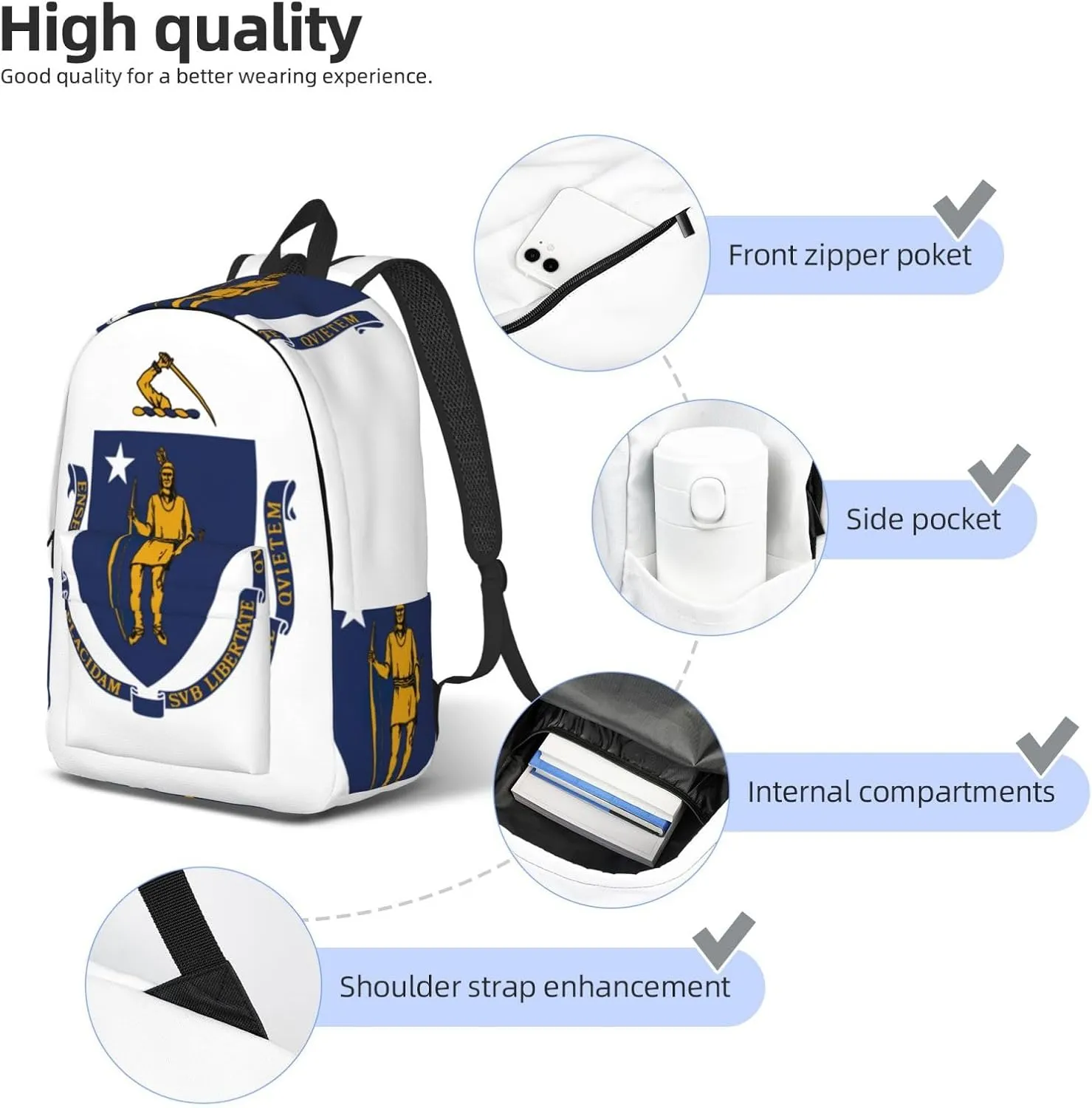 Massachusetts State Flag Print Laptop Backpack For Women Travel Canvas Bookbag For Men Outdoor Fashion Casual Daypack, Medium, SB-122