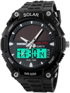 MASTOP Solar Energy Watch led Luminous Indication 2 Time Zone 50m Waterproof Watch(Black Blue)