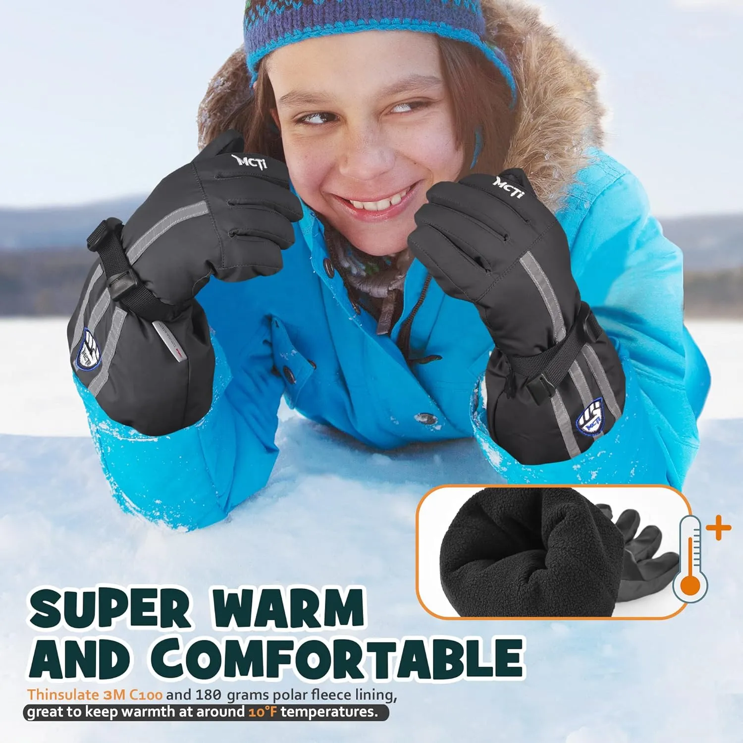MCTi Kids Gloves Waterproof Winter Warm Snow Ski Gloves Long Cuff Fleece Lined with Reflective Strap