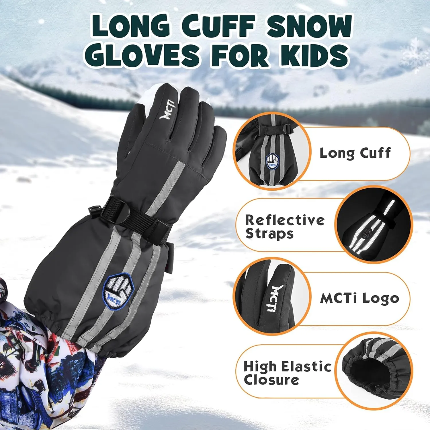 MCTi Kids Gloves Waterproof Winter Warm Snow Ski Gloves Long Cuff Fleece Lined with Reflective Strap