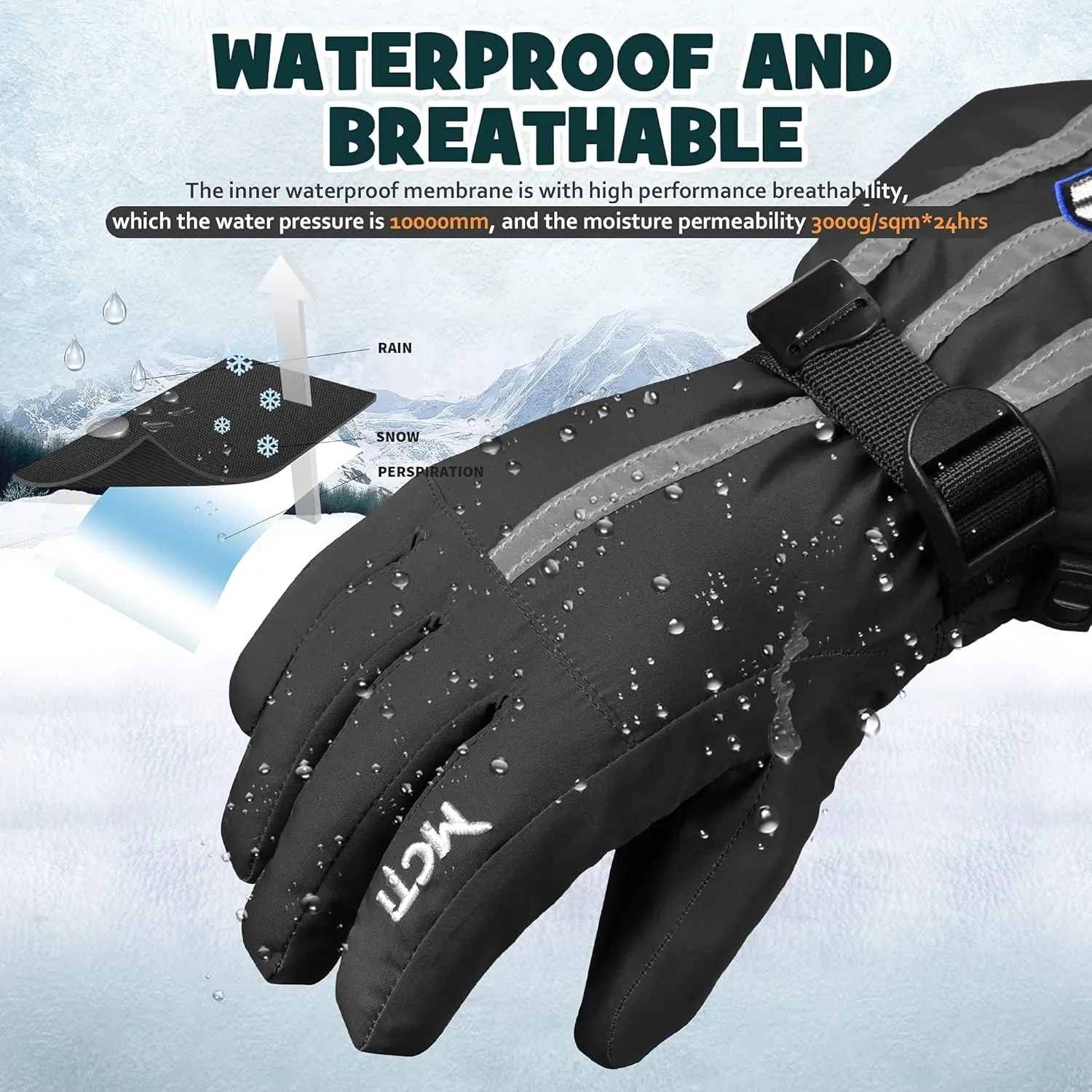 MCTi Kids Gloves Waterproof Winter Warm Snow Ski Gloves Long Cuff Fleece Lined with Reflective Strap