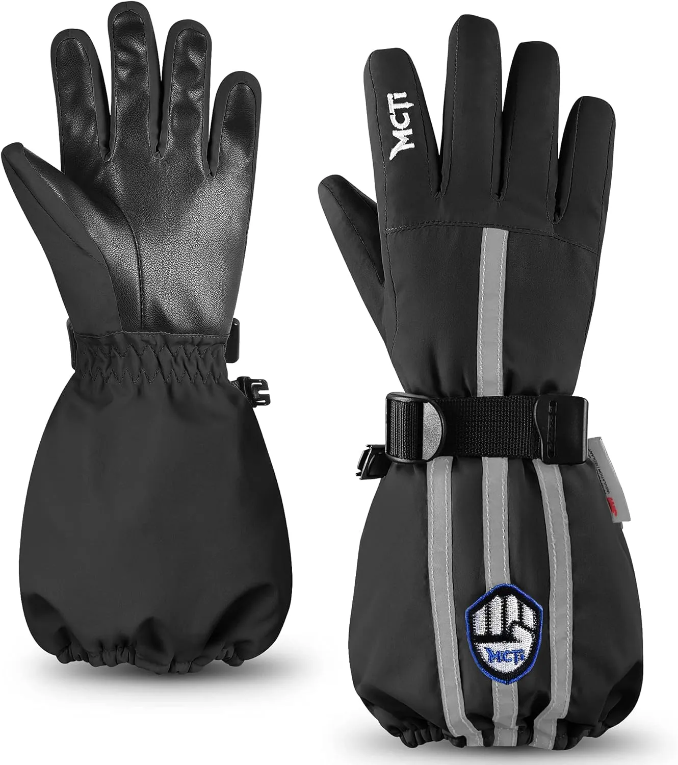 MCTi Kids Gloves Waterproof Winter Warm Snow Ski Gloves Long Cuff Fleece Lined with Reflective Strap