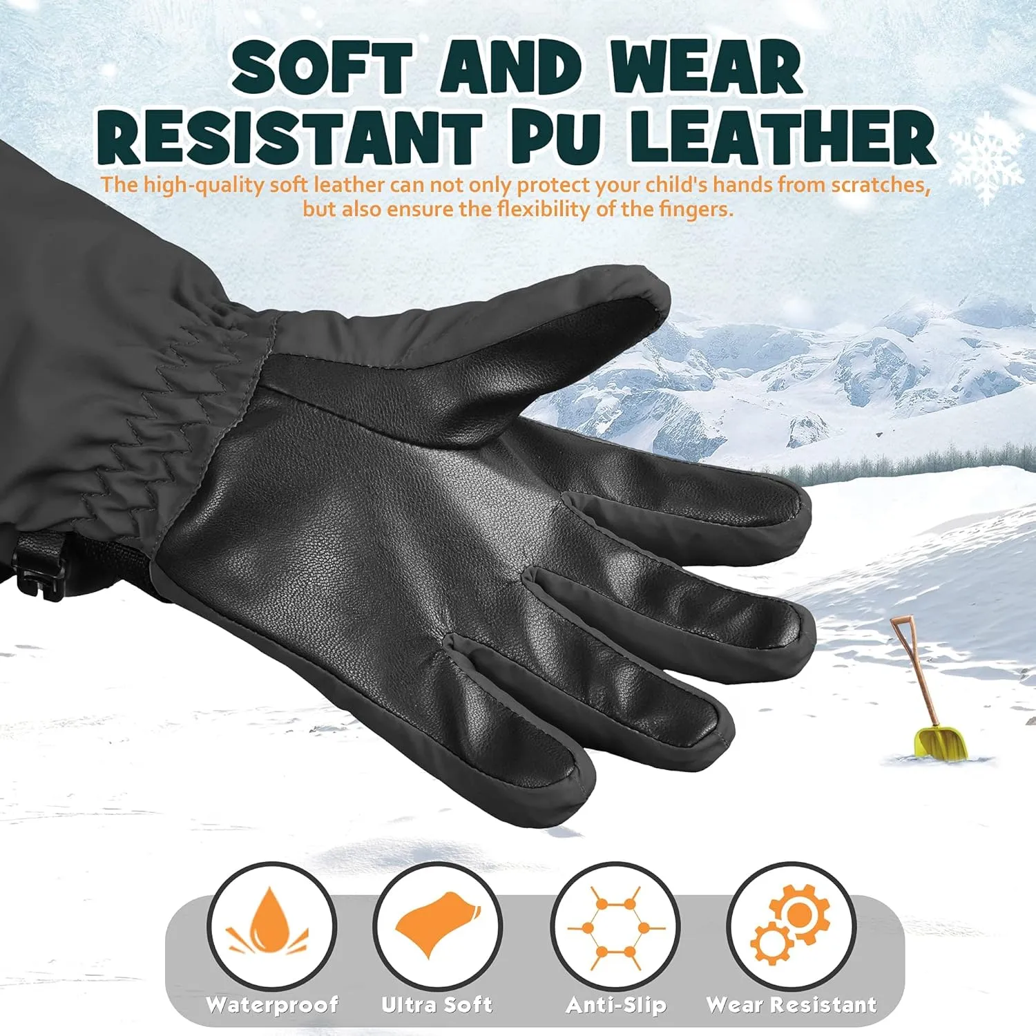 MCTi Kids Gloves Waterproof Winter Warm Snow Ski Gloves Long Cuff Fleece Lined with Reflective Strap