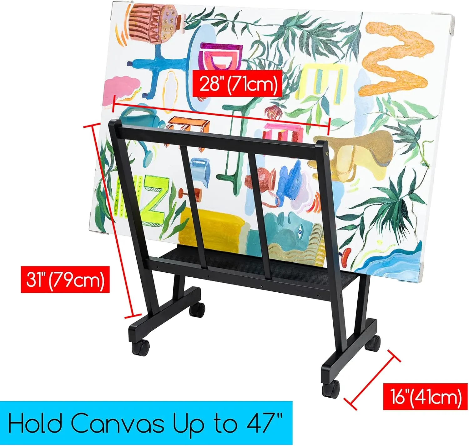 MEEDEN Art Display Print Rack: Artist Storage Rack with Castors for Canvas Organizer - Beech Wood Large Drying Racks for Prints Artworks Panels Posters Stand Art Shows & Galleries - Black
