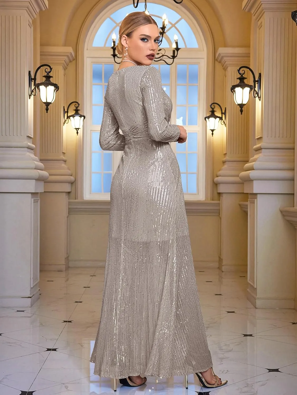 meilun Long Sleeve Sequin Dress for Women Formal Gowns Sparkly V Neck Maxi Dress