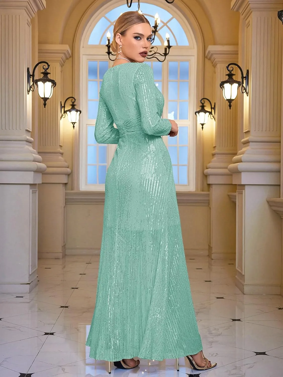 meilun Long Sleeve Sequin Dress for Women Formal Gowns Sparkly V Neck Maxi Dress