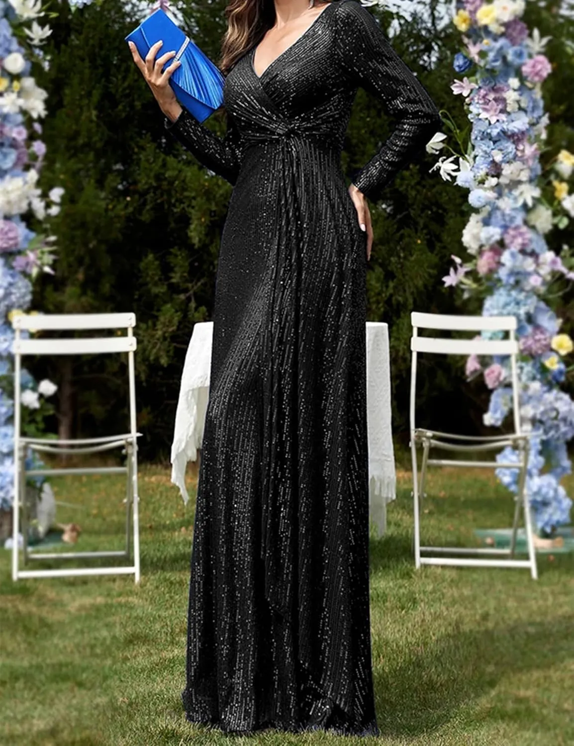 meilun Long Sleeve Sequin Dress for Women Formal Gowns Sparkly V Neck Maxi Dress