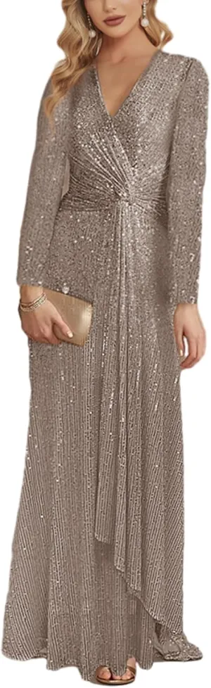 meilun Long Sleeve Sequin Dress for Women Formal Gowns Sparkly V Neck Maxi Dress