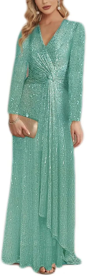 meilun Long Sleeve Sequin Dress for Women Formal Gowns Sparkly V Neck Maxi Dress