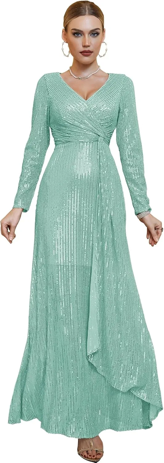 meilun Long Sleeve Sequin Dress for Women Formal Gowns Sparkly V Neck Maxi Dress