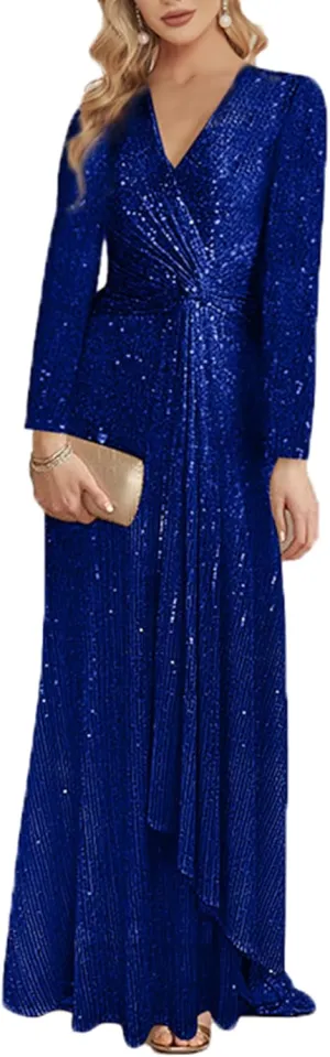 meilun Long Sleeve Sequin Dress for Women Formal Gowns Sparkly V Neck Maxi Dress