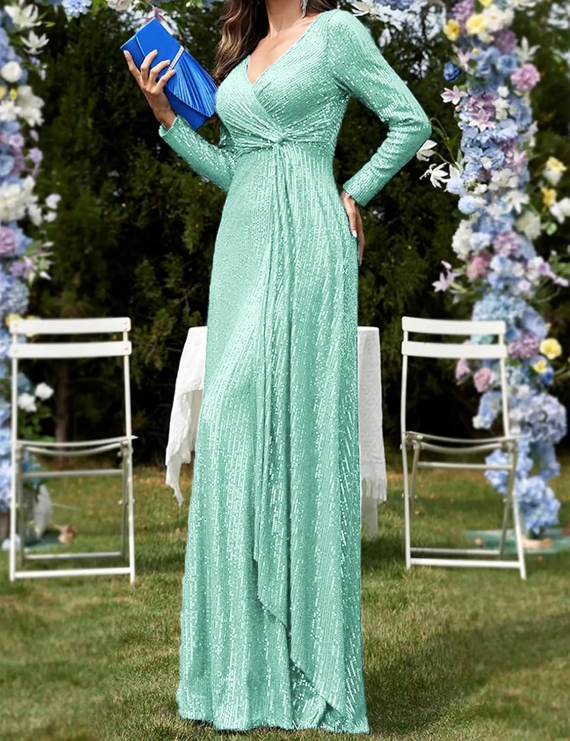 meilun Long Sleeve Sequin Dress for Women Formal Gowns Sparkly V Neck Maxi Dress