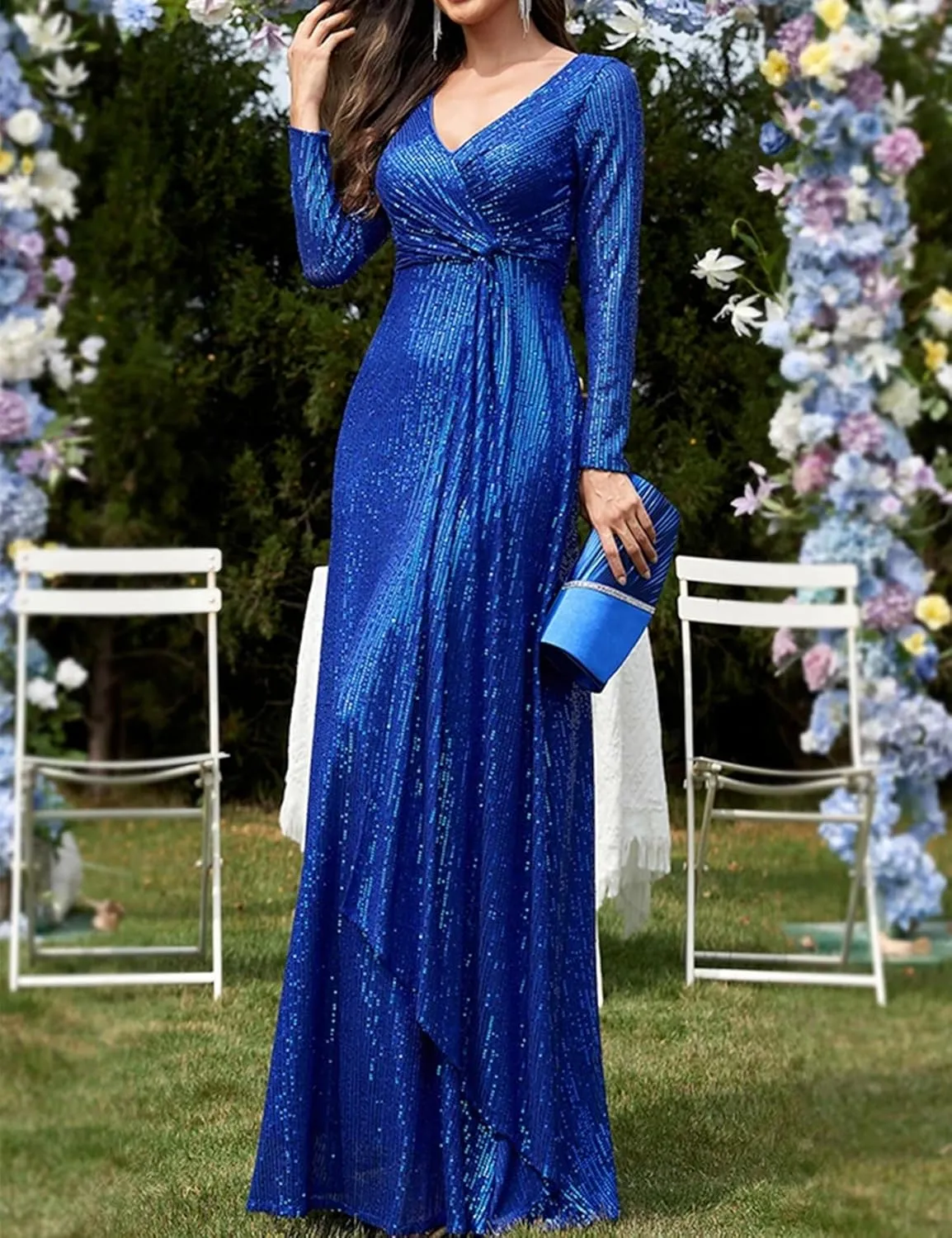 meilun Long Sleeve Sequin Dress for Women Formal Gowns Sparkly V Neck Maxi Dress