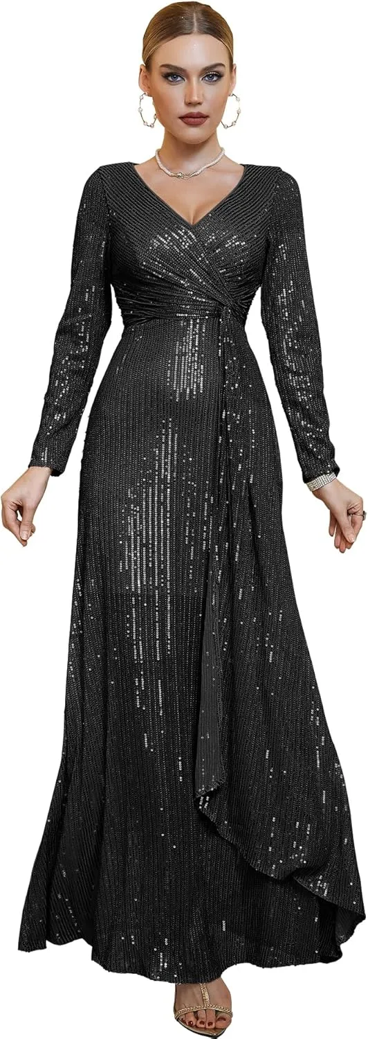 meilun Long Sleeve Sequin Dress for Women Formal Gowns Sparkly V Neck Maxi Dress