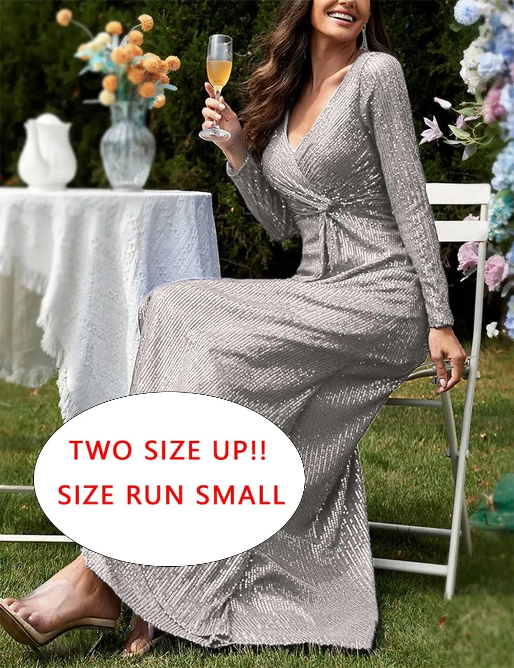meilun Long Sleeve Sequin Dress for Women Formal Gowns Sparkly V Neck Maxi Dress
