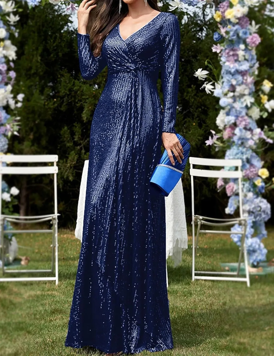 meilun Long Sleeve Sequin Dress for Women Formal Gowns Sparkly V Neck Maxi Dress
