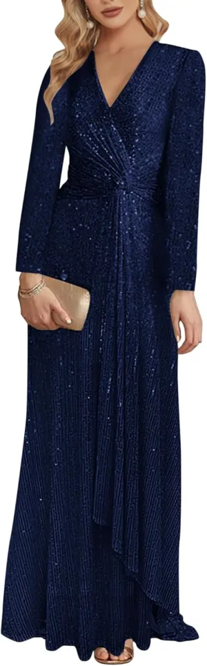 meilun Long Sleeve Sequin Dress for Women Formal Gowns Sparkly V Neck Maxi Dress