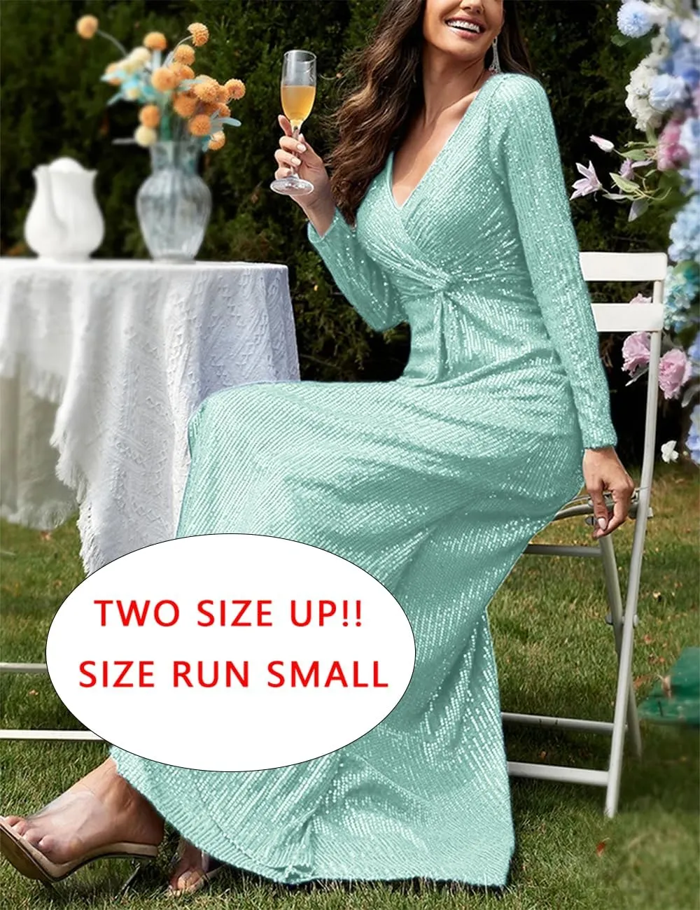 meilun Long Sleeve Sequin Dress for Women Formal Gowns Sparkly V Neck Maxi Dress