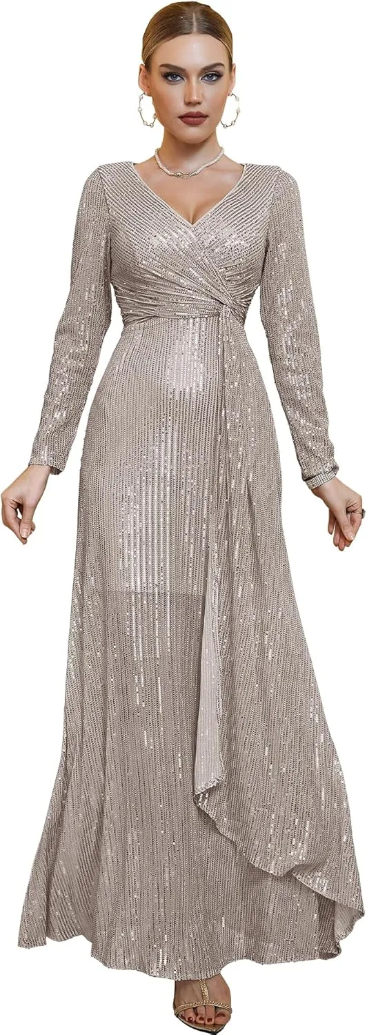 meilun Long Sleeve Sequin Dress for Women Formal Gowns Sparkly V Neck Maxi Dress
