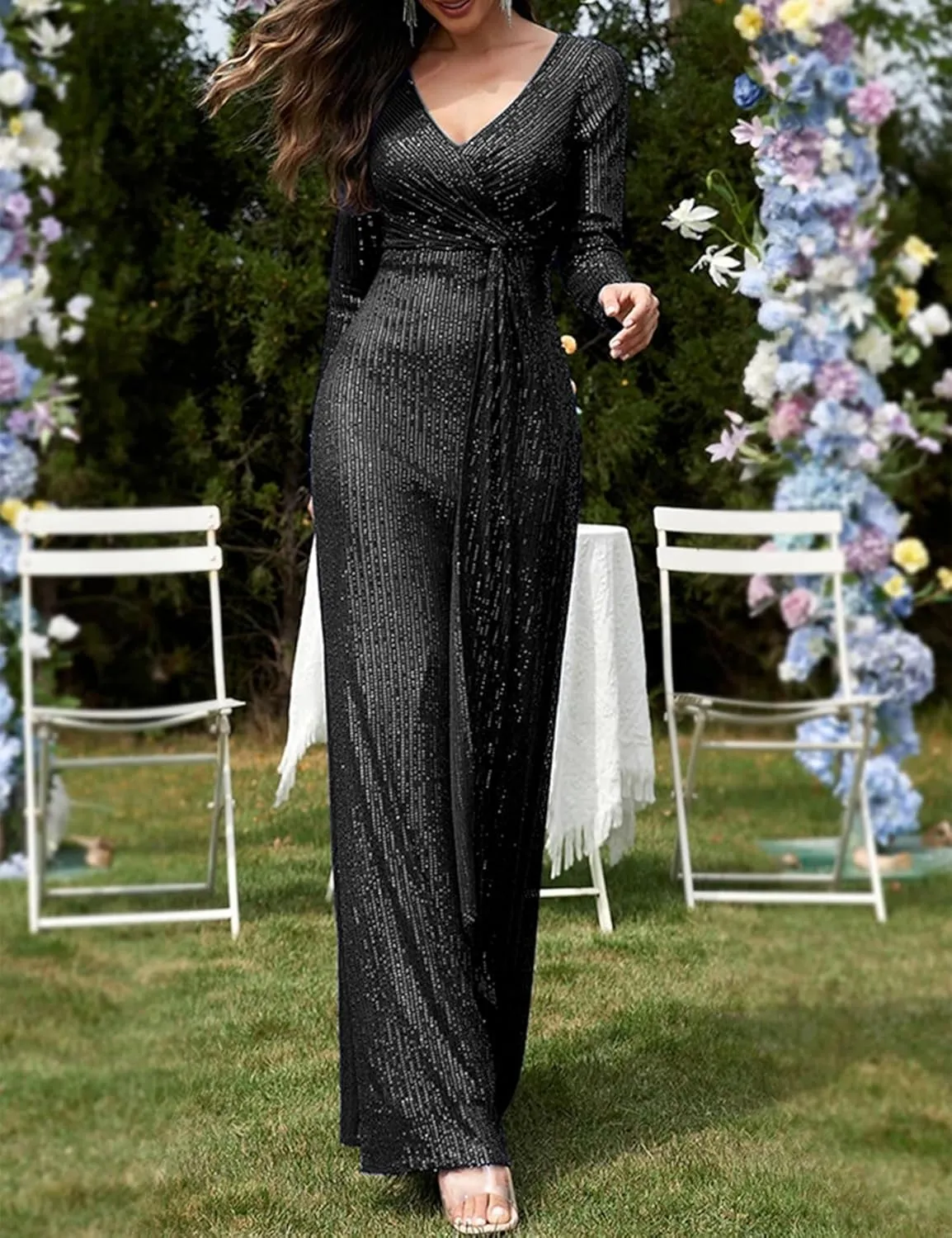 meilun Long Sleeve Sequin Dress for Women Formal Gowns Sparkly V Neck Maxi Dress