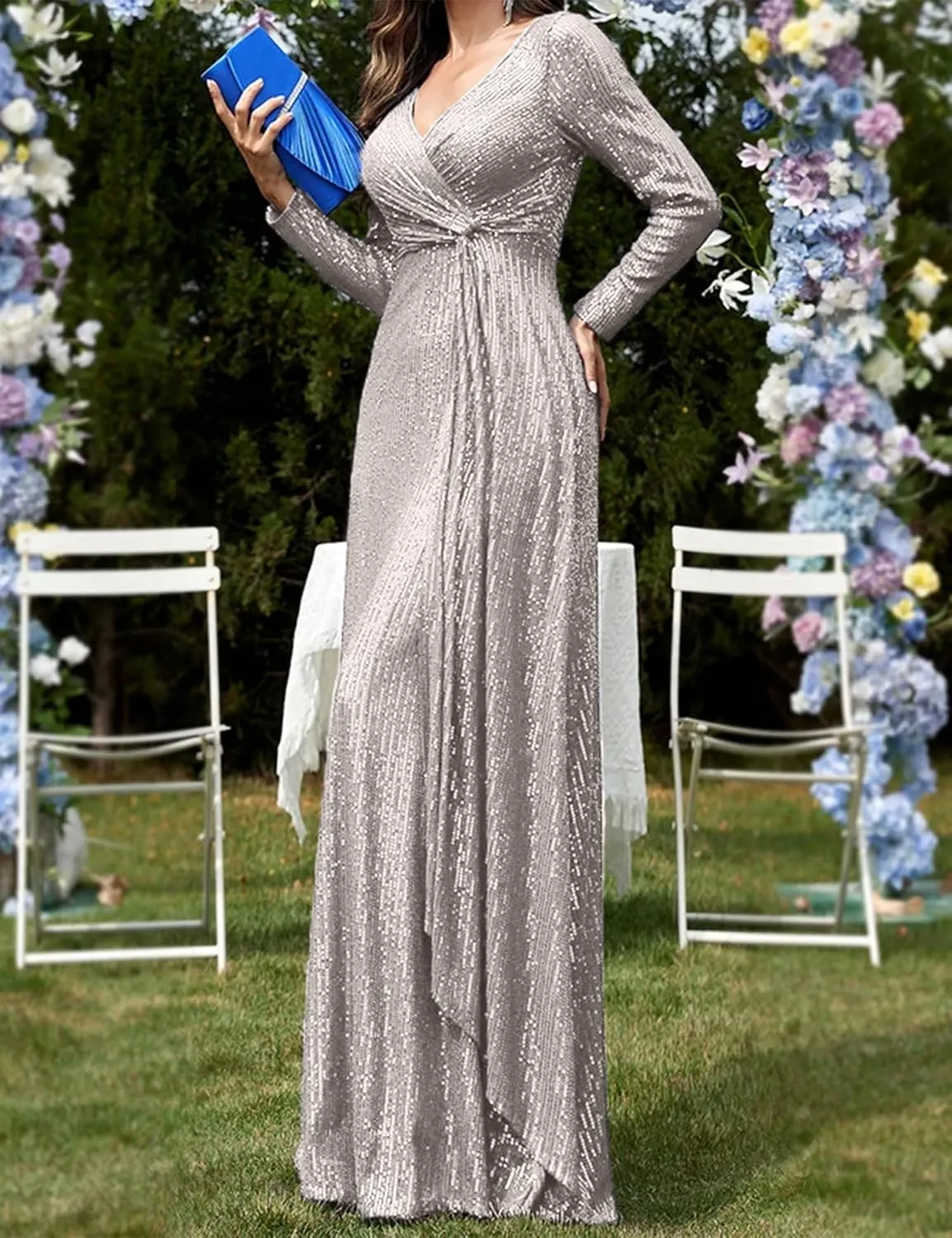 meilun Long Sleeve Sequin Dress for Women Formal Gowns Sparkly V Neck Maxi Dress