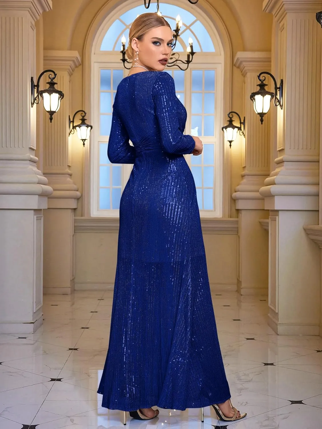 meilun Long Sleeve Sequin Dress for Women Formal Gowns Sparkly V Neck Maxi Dress