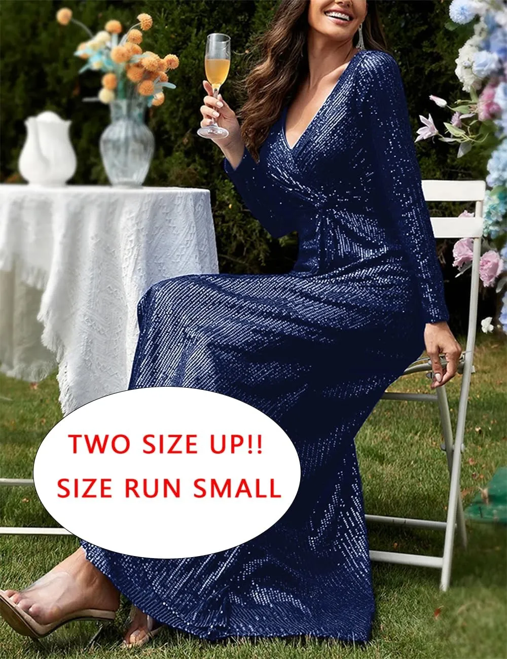 meilun Long Sleeve Sequin Dress for Women Formal Gowns Sparkly V Neck Maxi Dress