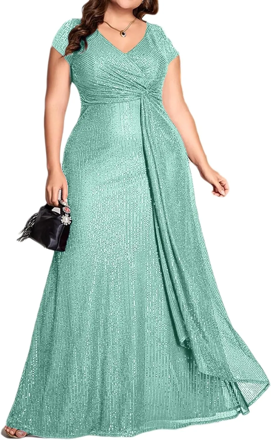 meilun Short Sleeve Sequin Dress for Women Formal Evening Gowns Sparkly V Neck 1920s Long Dress