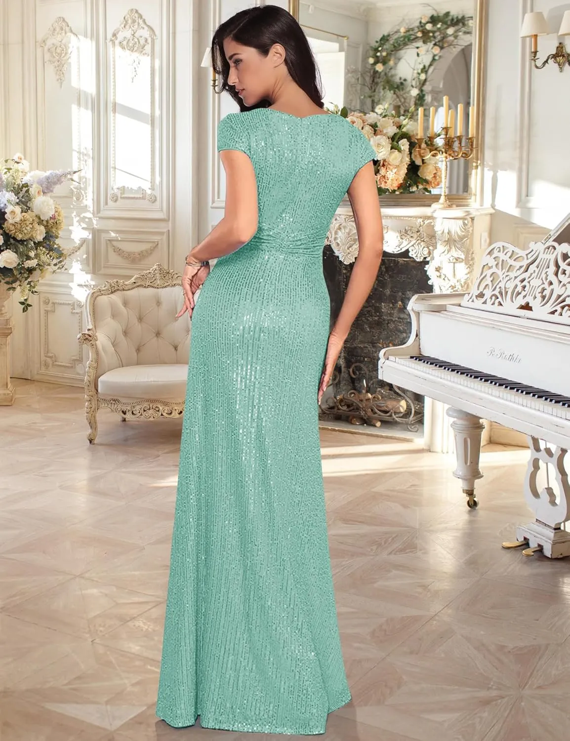 meilun Short Sleeve Sequin Dress for Women Formal Evening Gowns Sparkly V Neck 1920s Long Dress