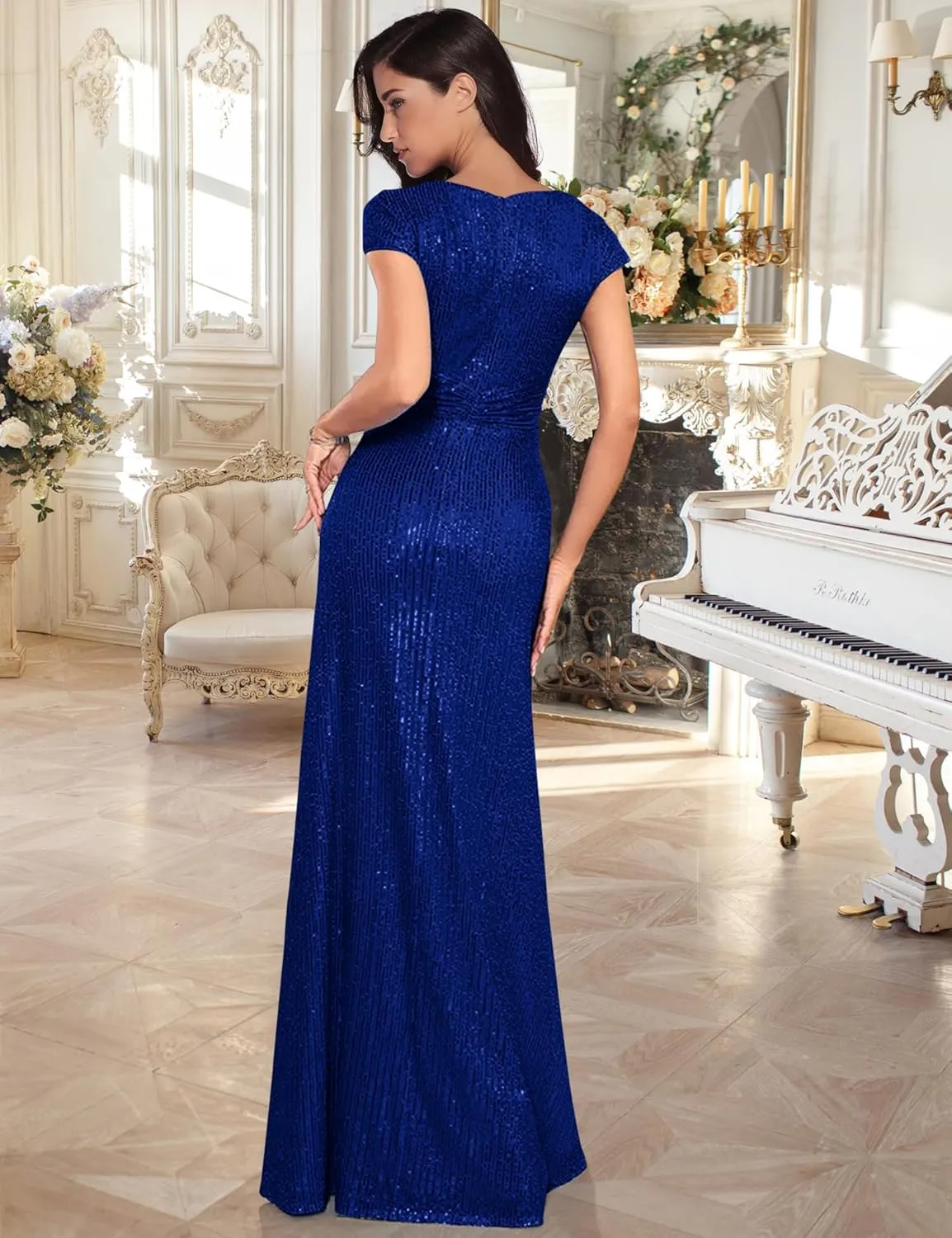 meilun Short Sleeve Sequin Dress for Women Formal Evening Gowns Sparkly V Neck 1920s Long Dress