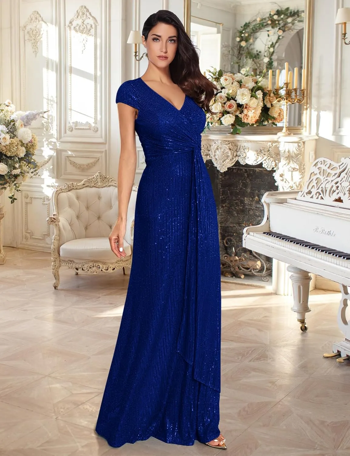 meilun Short Sleeve Sequin Dress for Women Formal Evening Gowns Sparkly V Neck 1920s Long Dress