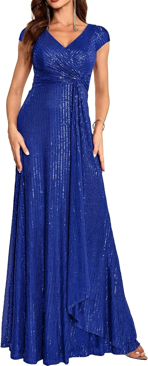meilun Short Sleeve Sequin Dress for Women Formal Evening Gowns Sparkly V Neck 1920s Long Dress