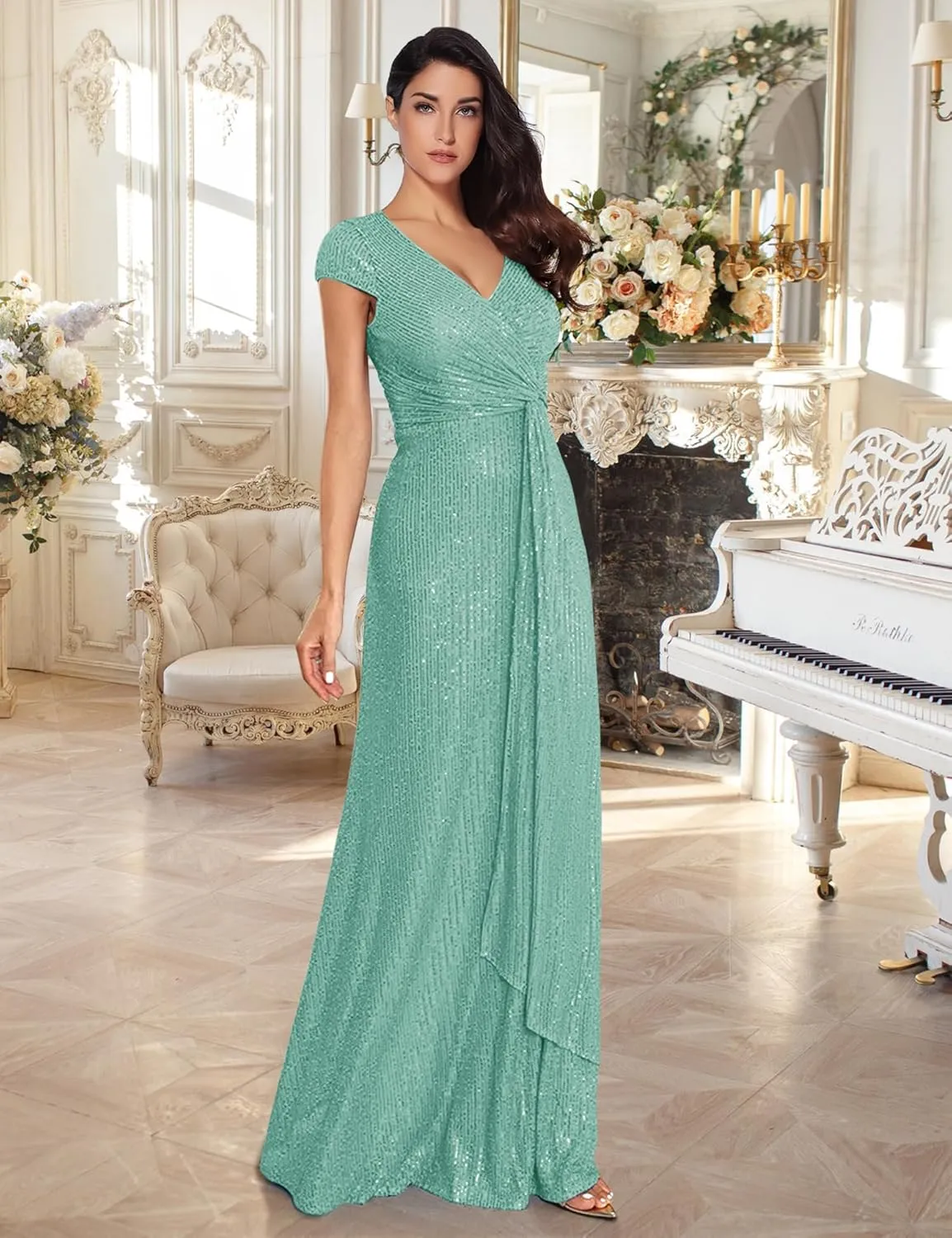 meilun Short Sleeve Sequin Dress for Women Formal Evening Gowns Sparkly V Neck 1920s Long Dress
