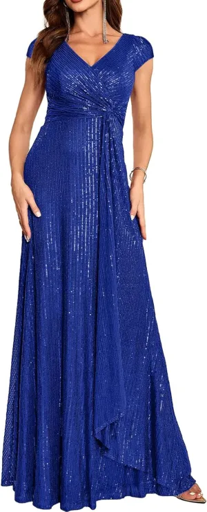 meilun Short Sleeve Sequin Dress for Women Formal Evening Gowns Sparkly V Neck 1920s Long Dress