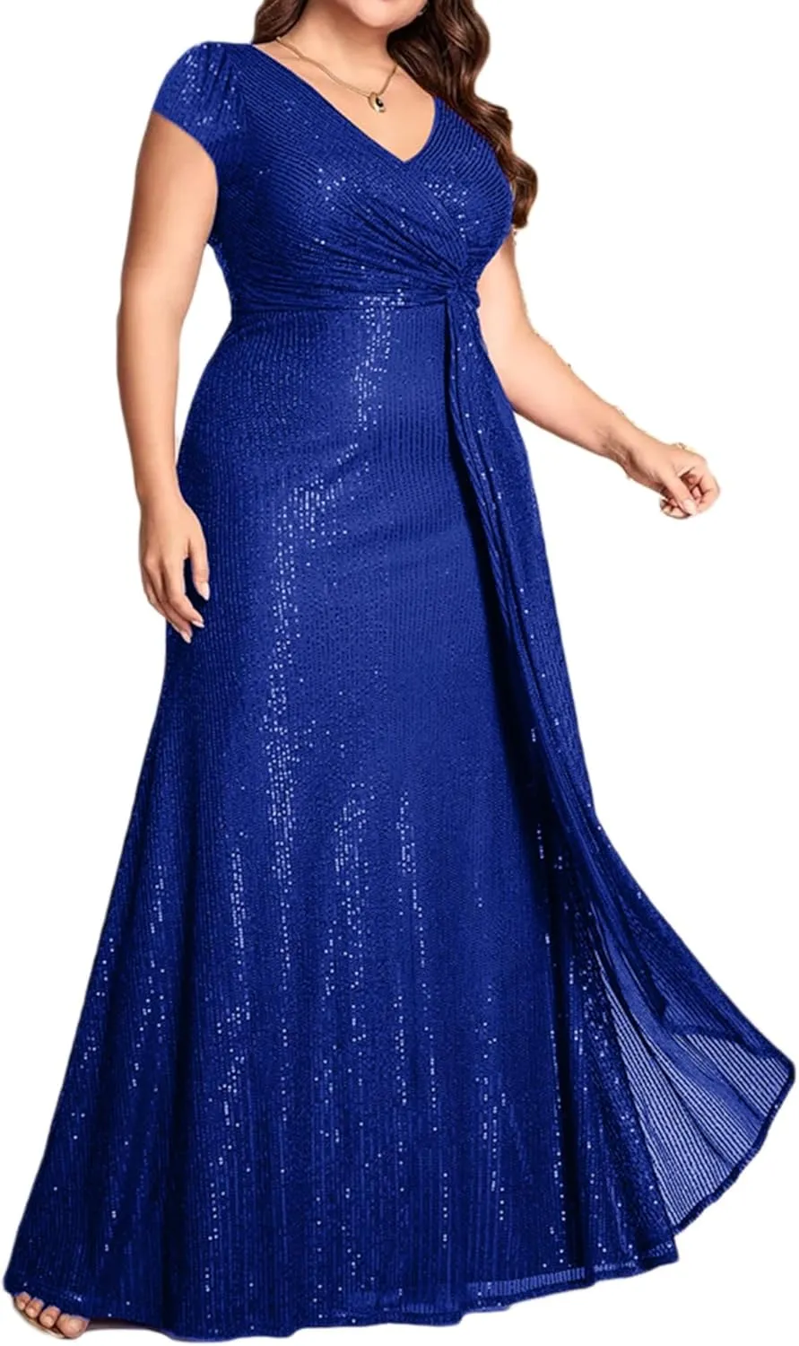 meilun Short Sleeve Sequin Dress for Women Formal Evening Gowns Sparkly V Neck 1920s Long Dress