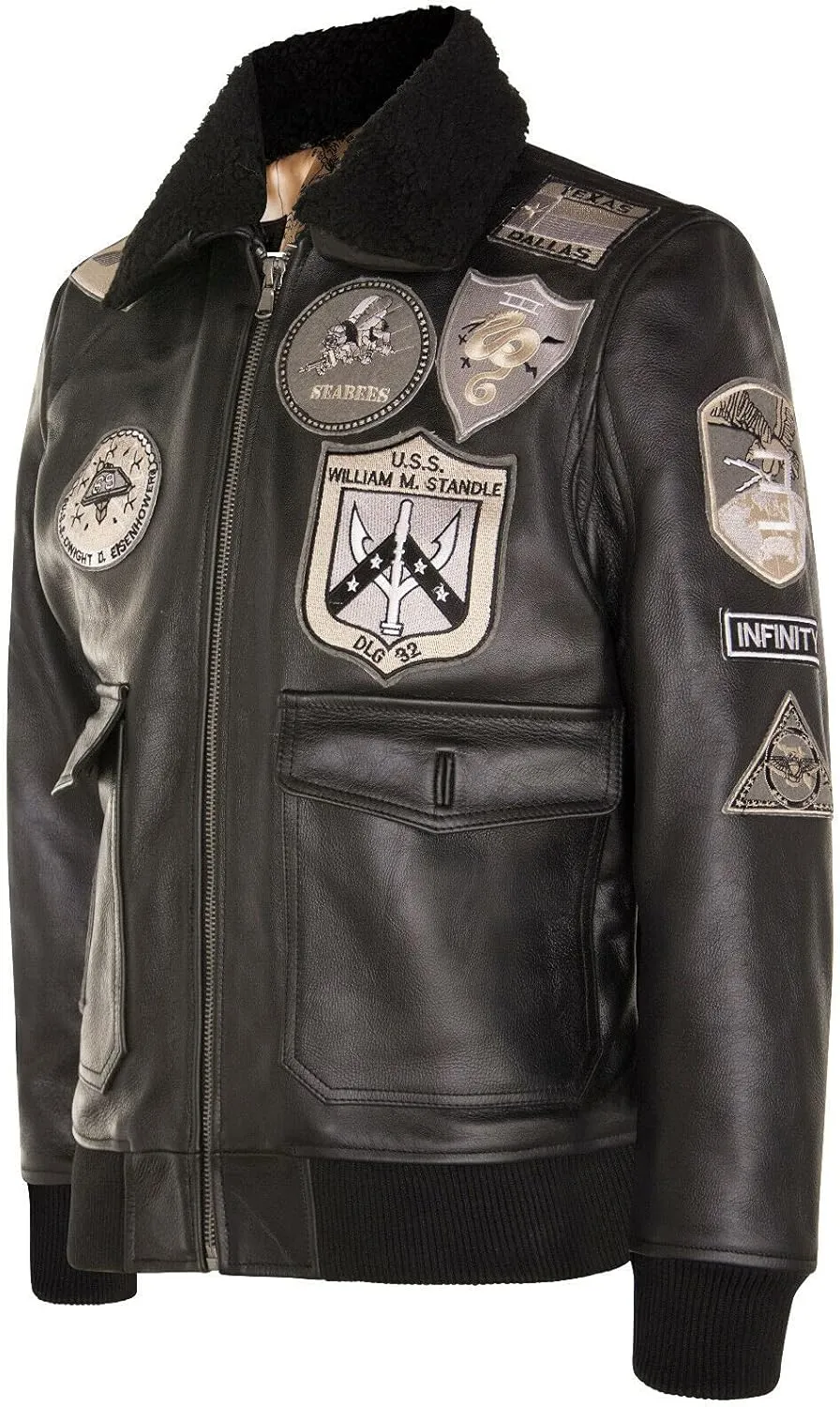 Men's Air Force A2 Flight Leather Bomber Jacket with Sheepskin Collar and Patches