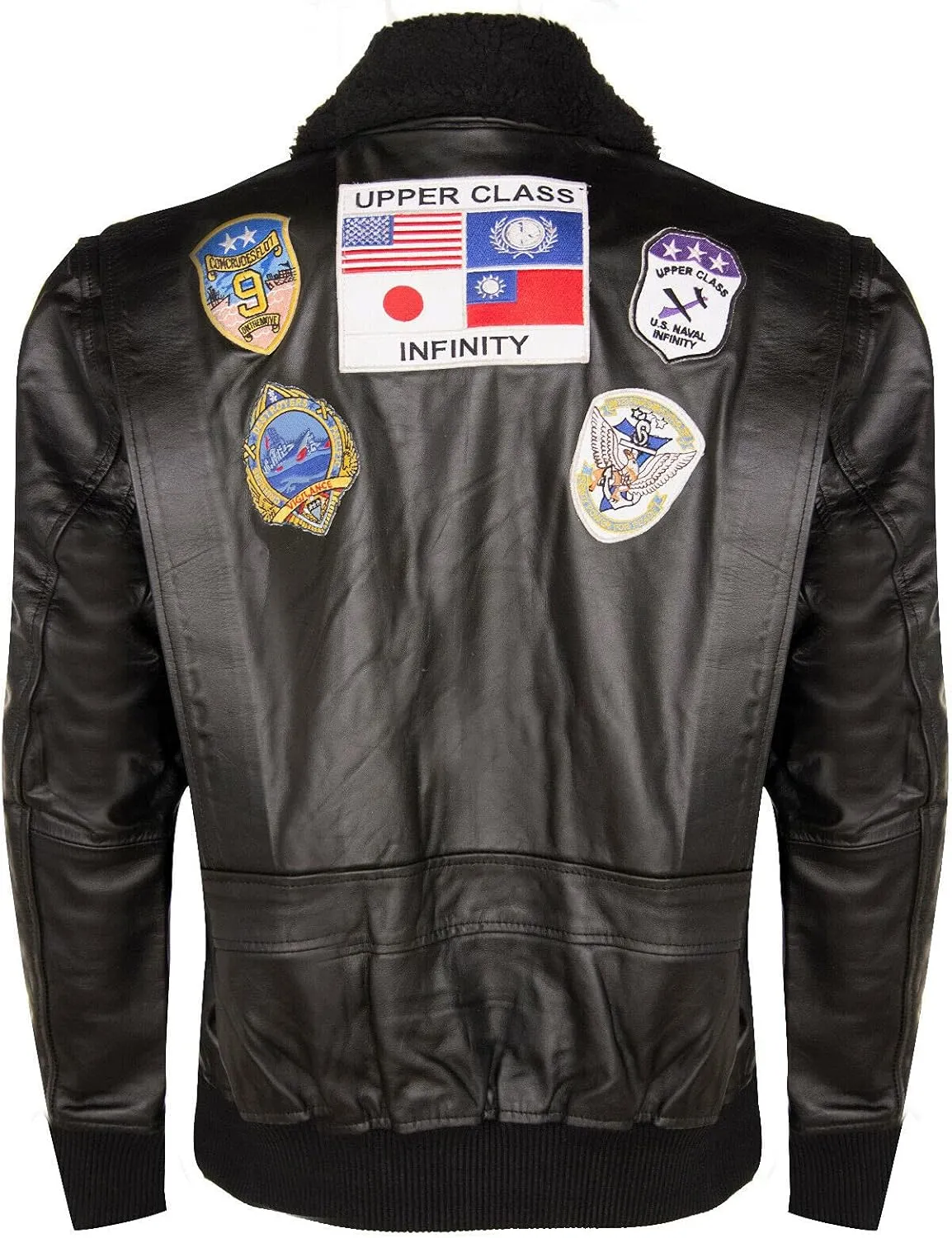 Men's Air Force A2 Flight Leather Bomber Jacket with Sheepskin Collar and Patches
