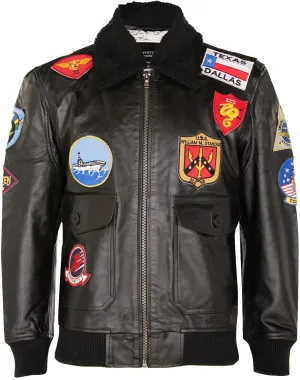 Men's Air Force A2 Flight Leather Bomber Jacket with Sheepskin Collar and Patches