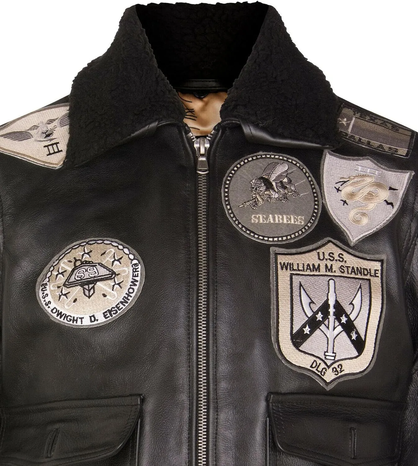 Men's Air Force A2 Flight Leather Bomber Jacket with Sheepskin Collar and Patches