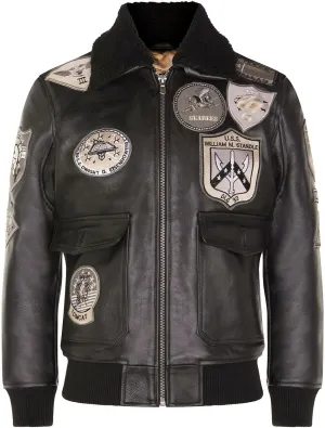 Men's Air Force A2 Flight Leather Bomber Jacket with Sheepskin Collar and Patches